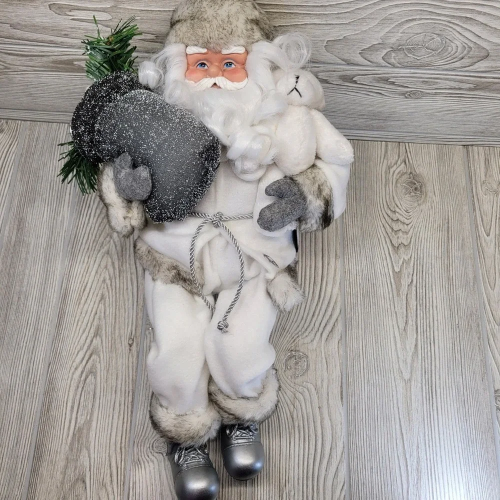Dennis Basso‎ Home Sitting Santa Christmas Winter White Woodland Rustic Faux Fur